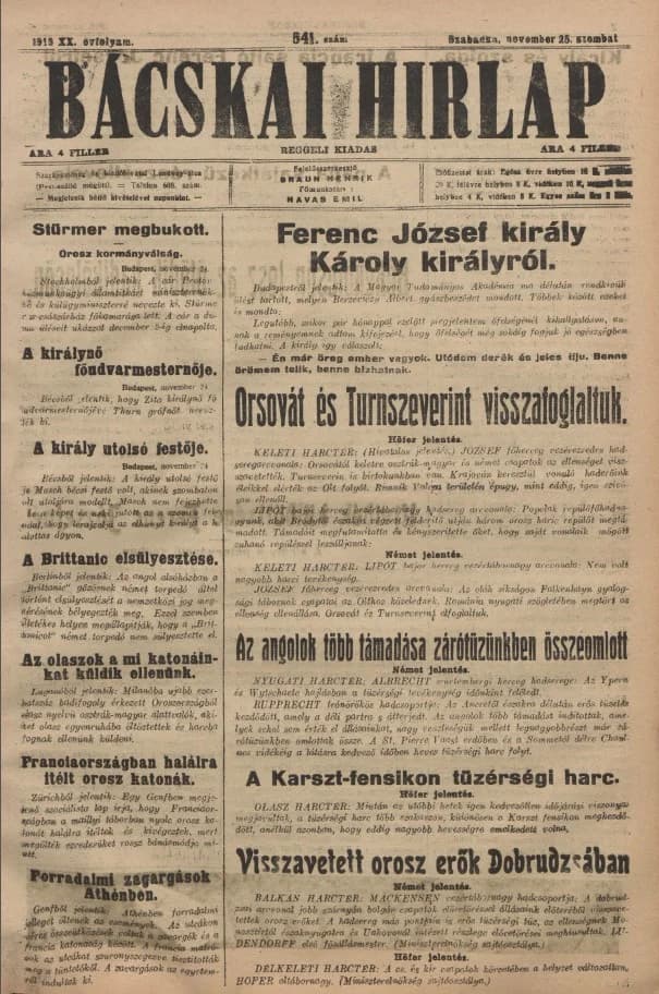 Bácskai Hirlap, 20. évf. 1916. november 25. 541. sz.