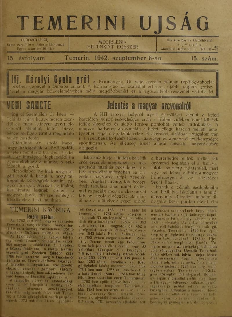 Temerini Újság 1928-1944, 15. évf. 1942. szeptember 6. 15. sz.