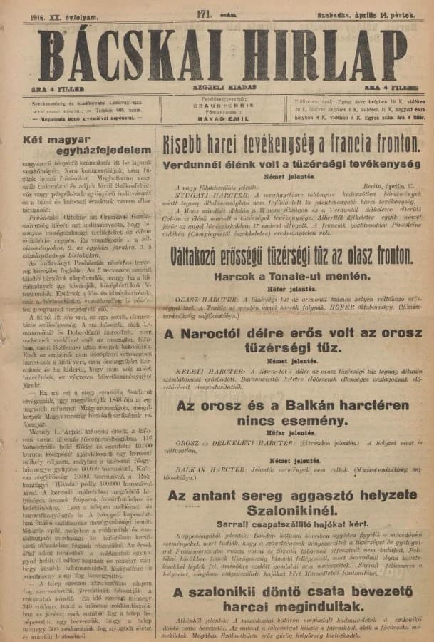 Bácskai Hirlap, 20. évf. 1916. április 14. 171. sz.