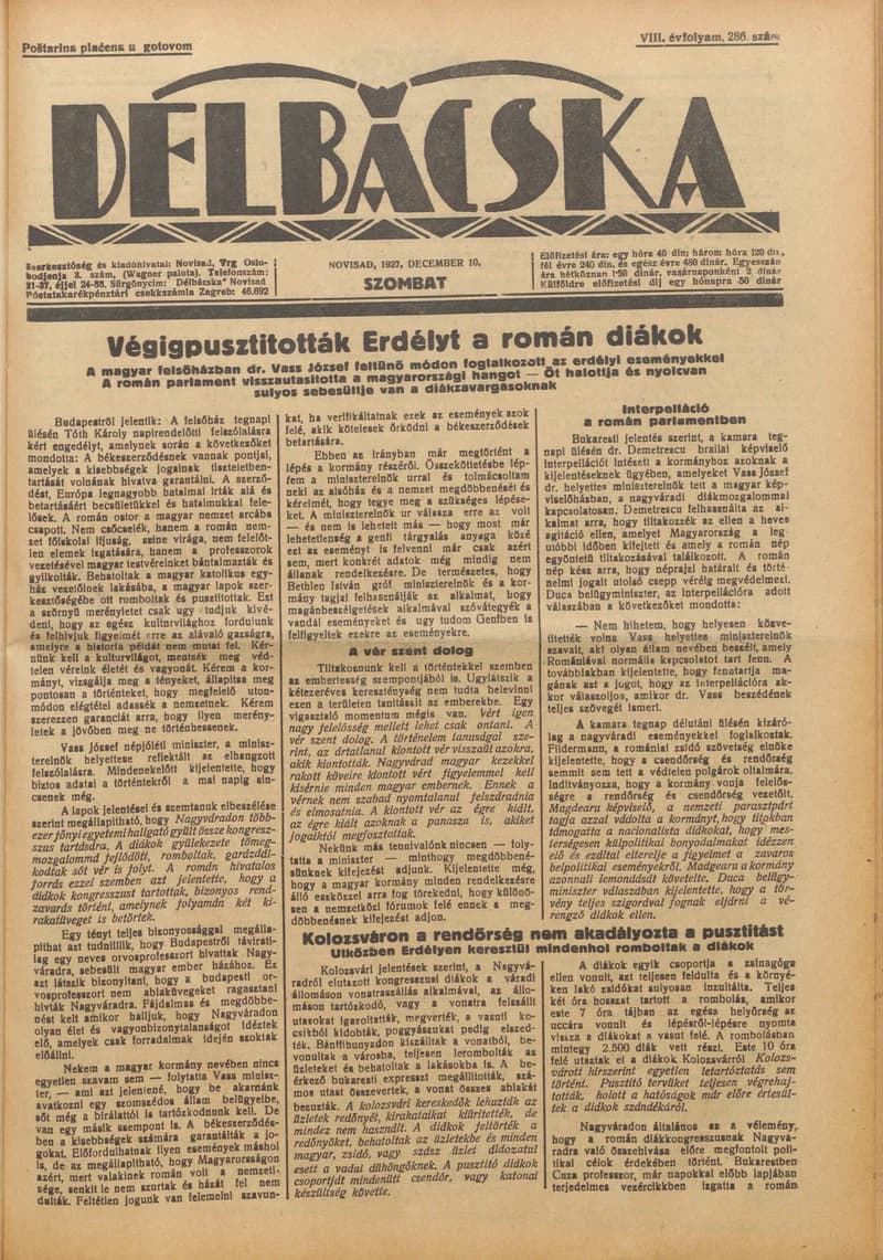 Délbácska, 8. évf. 1927. december 10. 286. sz.