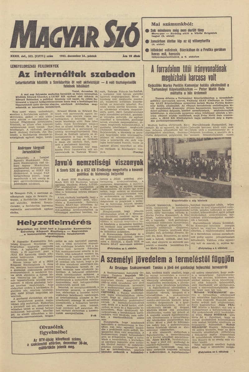 Magyar Szó, 39. évf. 1982. december 24. 352. sz. 1–20. oldal
