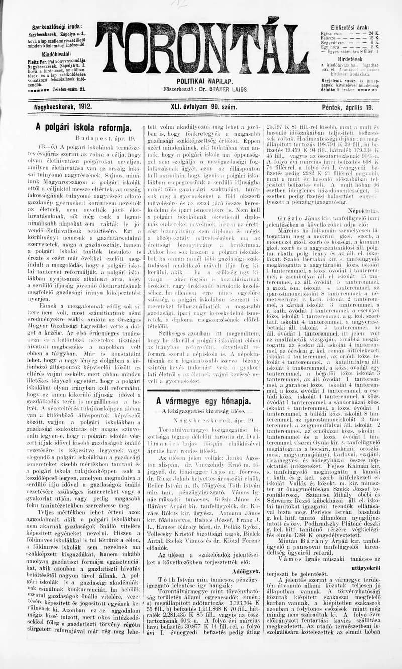 Torontál, 41. évf. 1912. április 19. 90. sz.