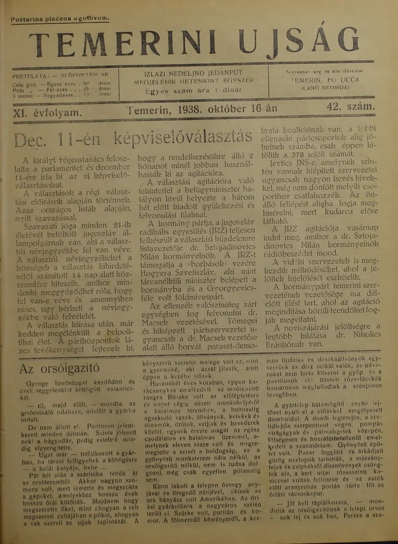 Temerini Újság 1928-1944, 11. évf. 1938. október 16. 42. sz.