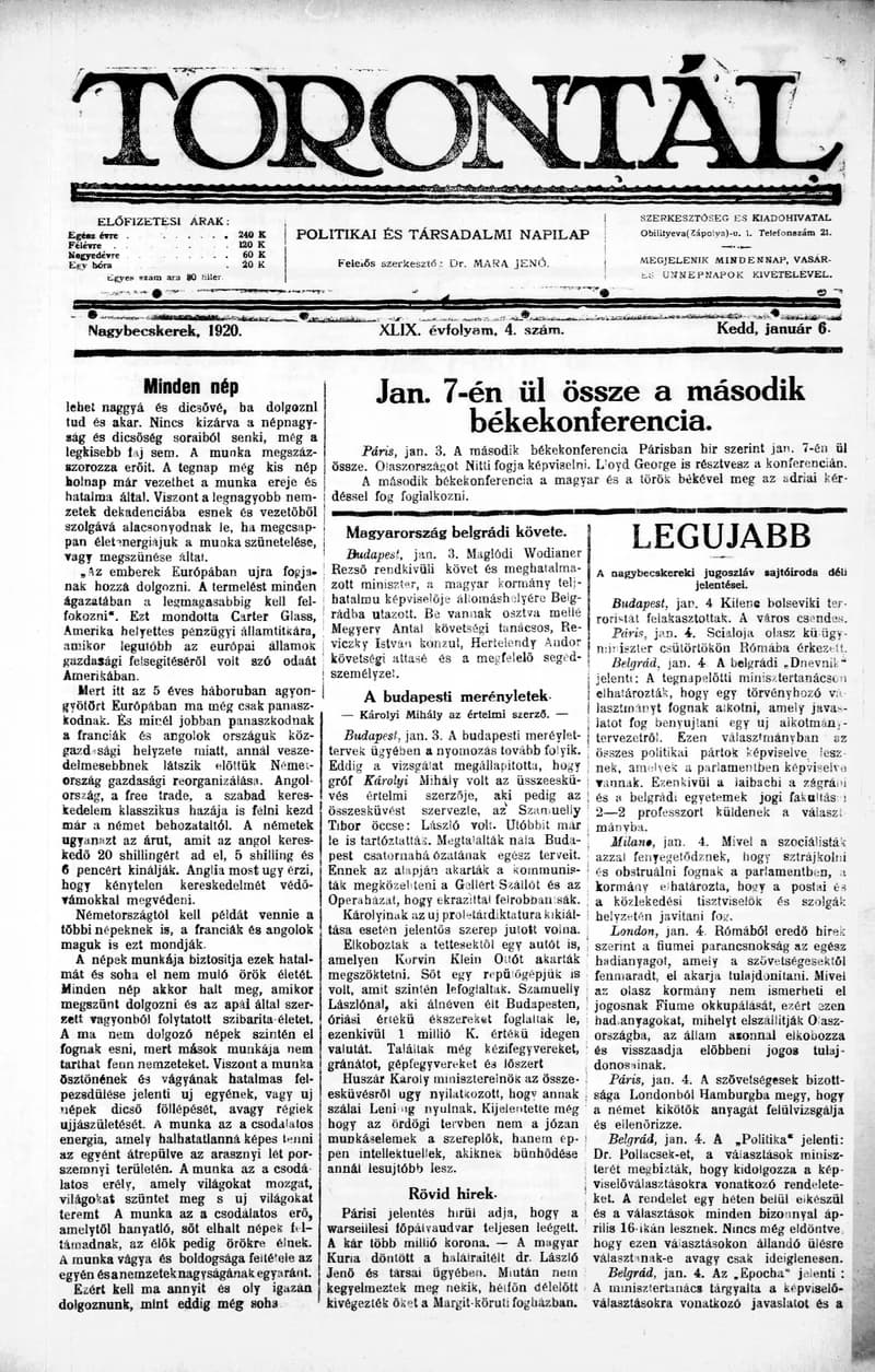 Torontál, 49. évf. 1920. január 6. 4. sz.