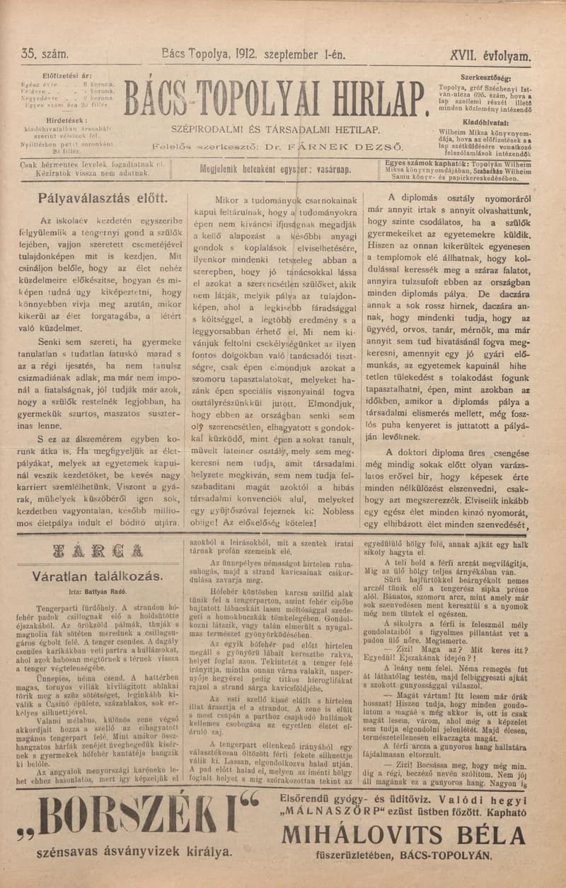 Bács-Topolyai Hirlap, 17. évf. 1912. szeptember 1. 35. sz.