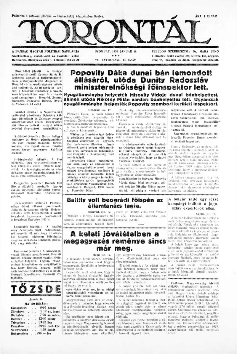 Torontál, 59. évf. 1930. január 18. 14. sz.