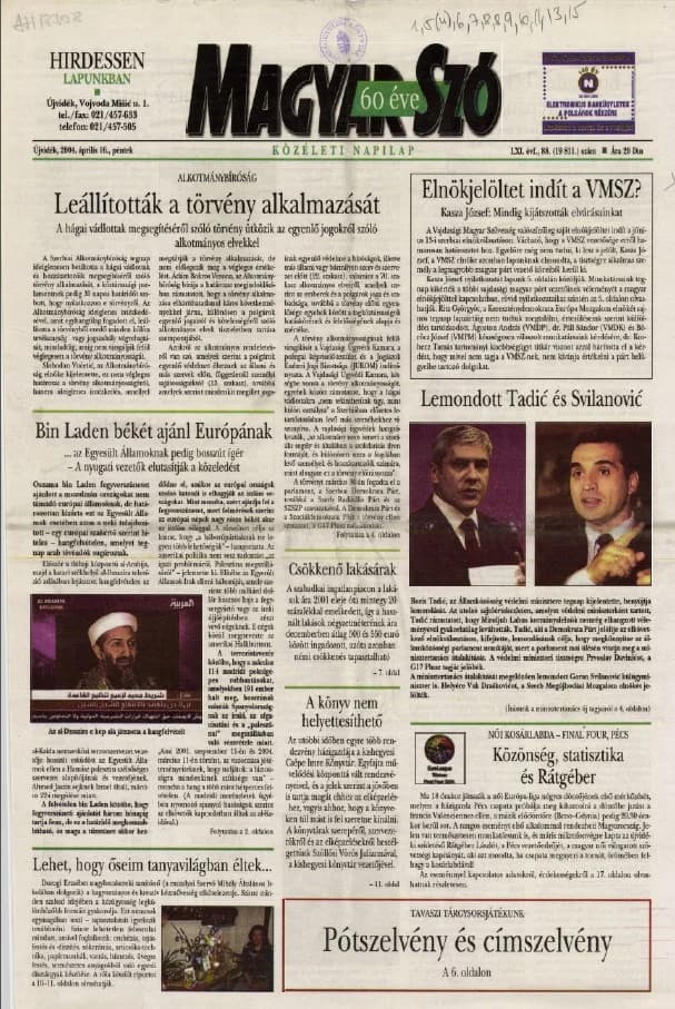 Magyar Szó, 61. évf. 2004. április 16. 88. sz. 1–20. oldal