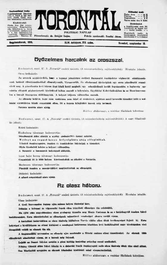 Torontál, 44. évf. 1915. szeptember 18. 213. sz.