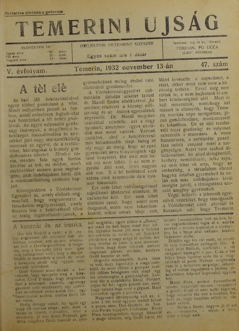 Temerini Újság 1928-1944, 5. évf. 1932. november 13. 47. sz.