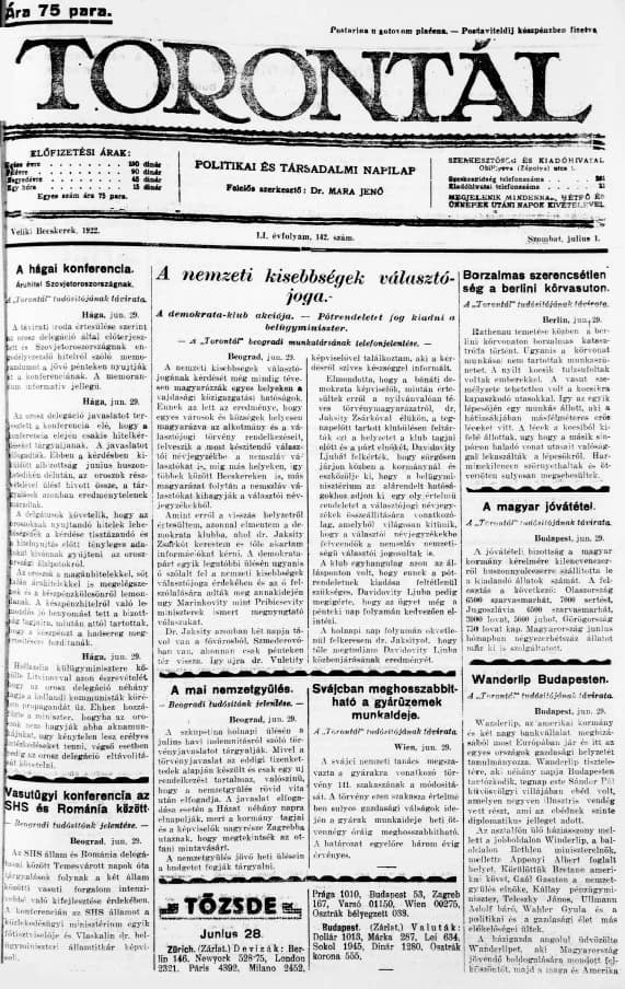 Torontál, 51. évf. 1922. július 1. 142. sz.