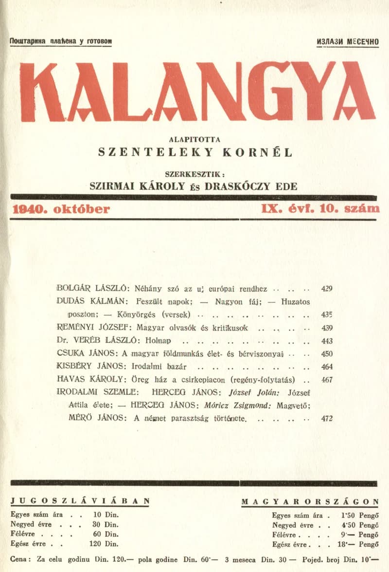 Kalangya, 9. évf. 1940. október. 10. sz. 429–476. oldal