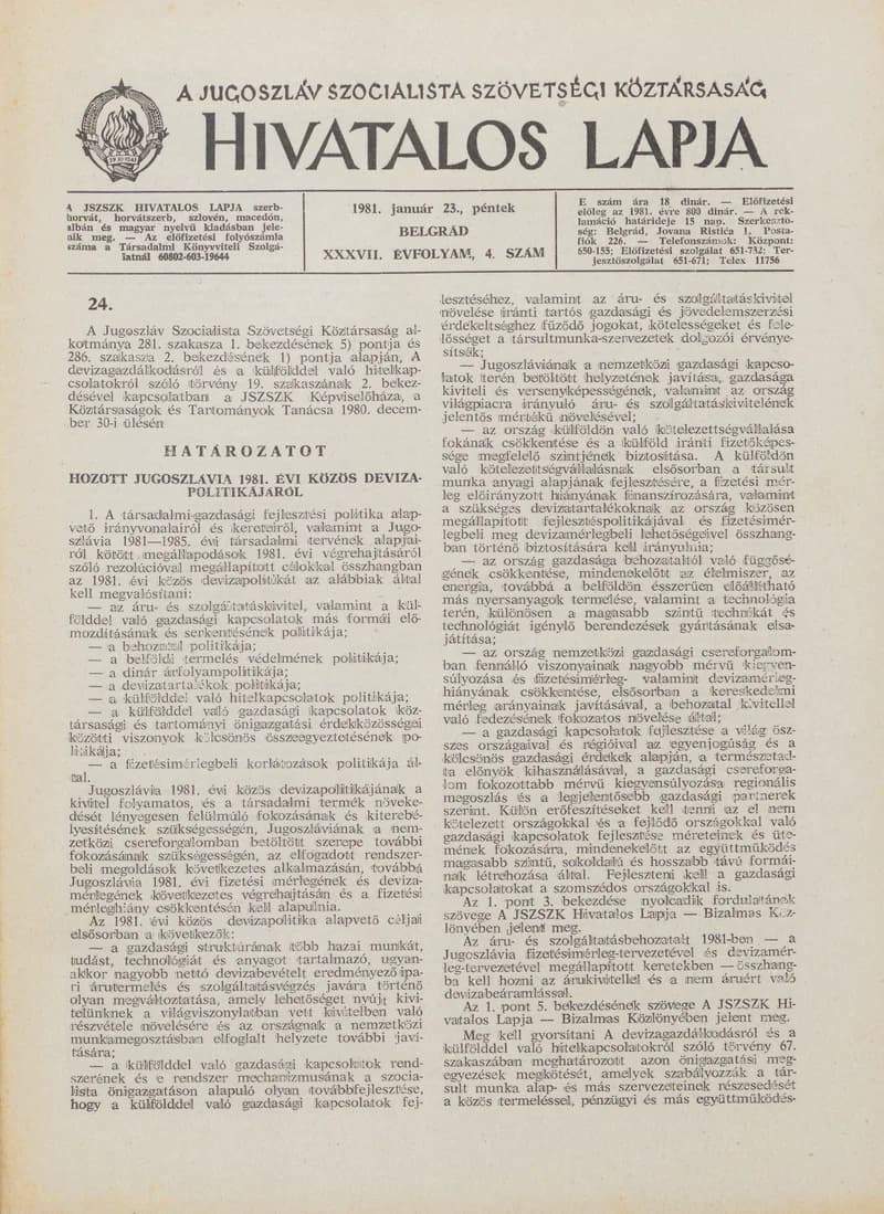 A Jugoszláv Szocialista Szövetségi Köztársaság Hivatalos Lapja, 37. évf. 1981. január 23. 4. sz. 137–184. oldal