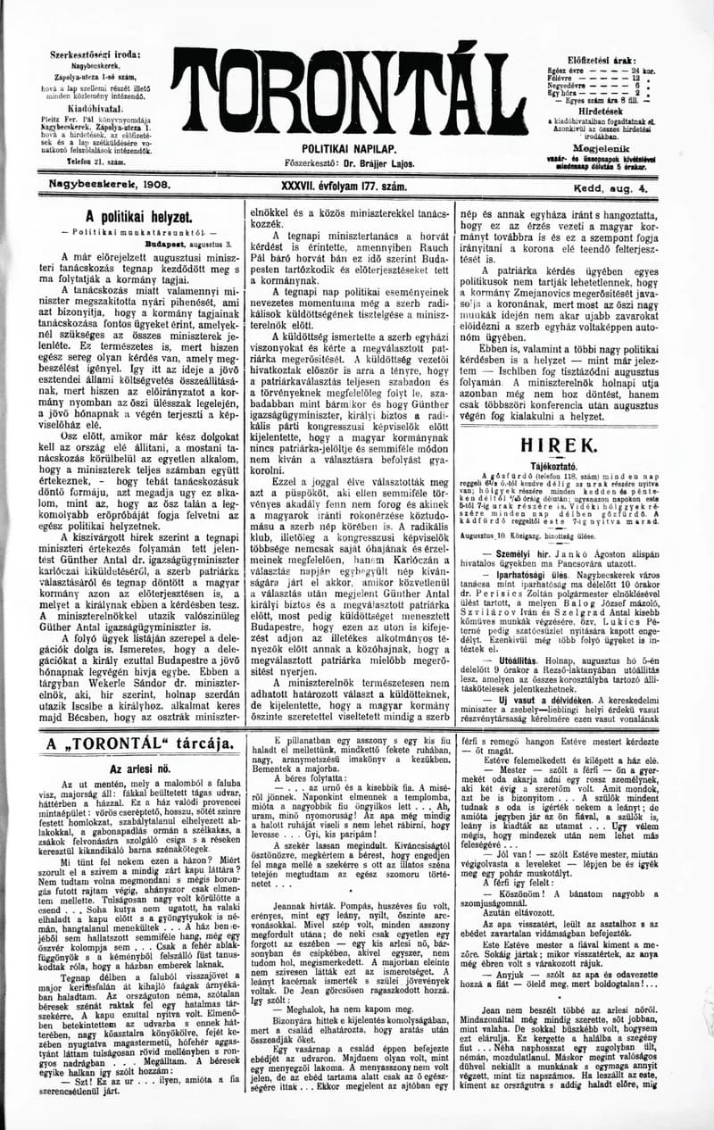 Torontál, 37. évf. 1908. augusztus 4. 177. sz.