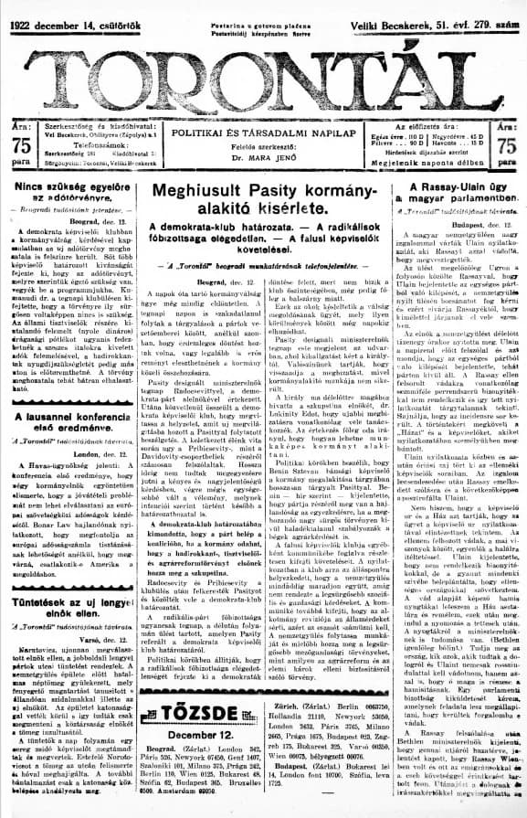 Torontál, 51. évf. 1922. december 14. 279. sz.