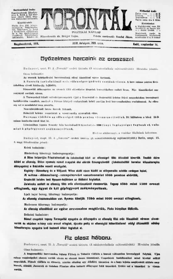 Torontál, 44. évf. 1915. szeptember 14. 209. sz.