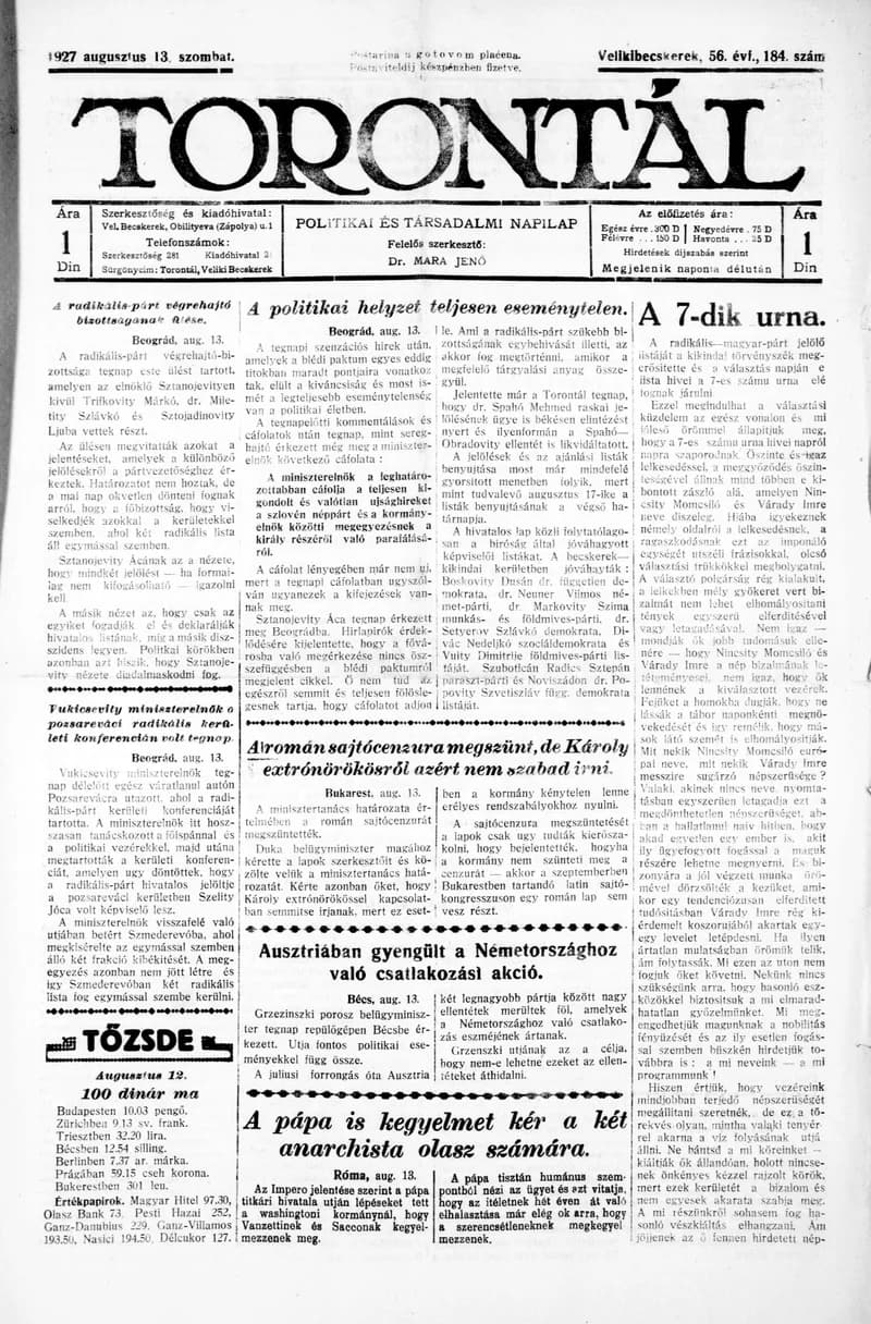 Torontál, 56. évf. 1927. augusztus 13. 184. sz.
