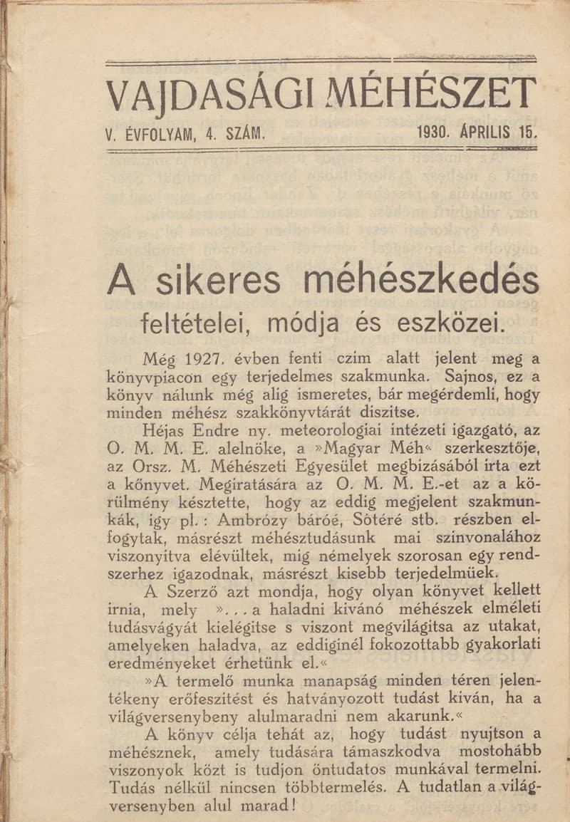 Vajdasági méhészet, 5. évf. 1930. április 15. 4. sz.