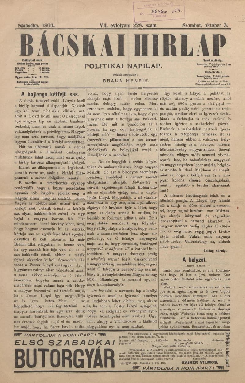 Bácskai Hirlap, 7. évf. 1903. október 3. 228. sz.