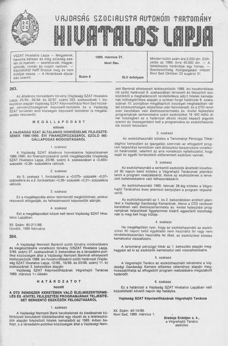 Vajdaság Szocialista Autonóm Tartomány Hivatalos Lapja, 45. évf. 1989. március 21. 6. sz.