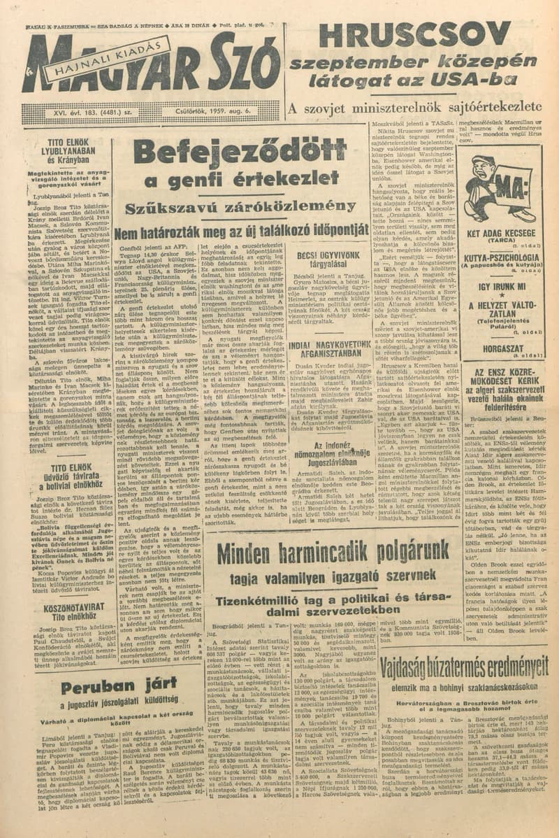 Magyar Szó, 16. évf. 1959. augusztus 6. 183. sz. 1–20. oldal