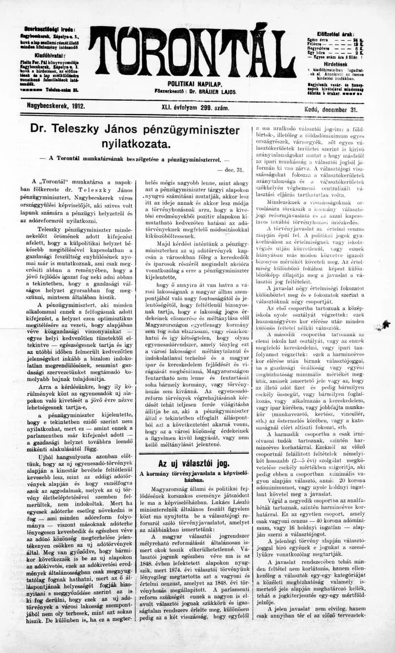 Torontál, 41. évf. 1912. december 31. 299. sz.