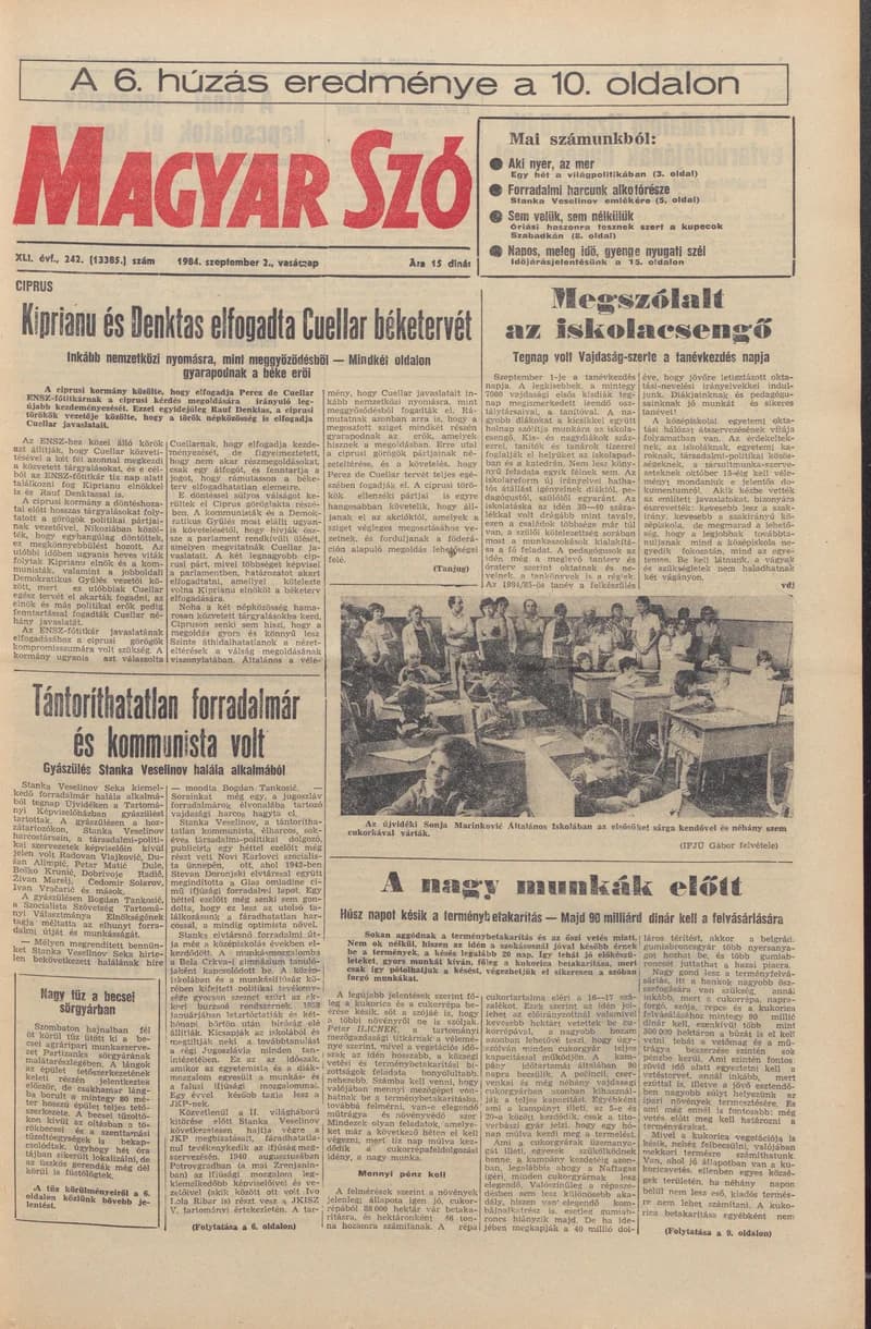 Magyar Szó, 41. évf. 1984. szeptember 2. 242. sz. 1–28. oldal