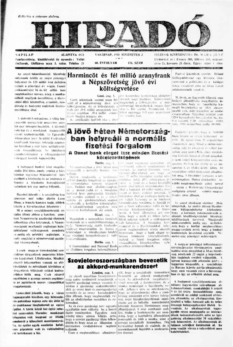 Híradó, 60. évf. 1931. augusztus 2. 176. sz.