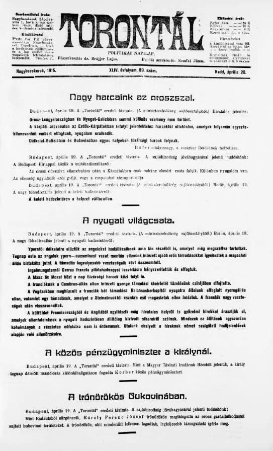 Torontál, 44. évf. 1915. április 20. 89. sz.