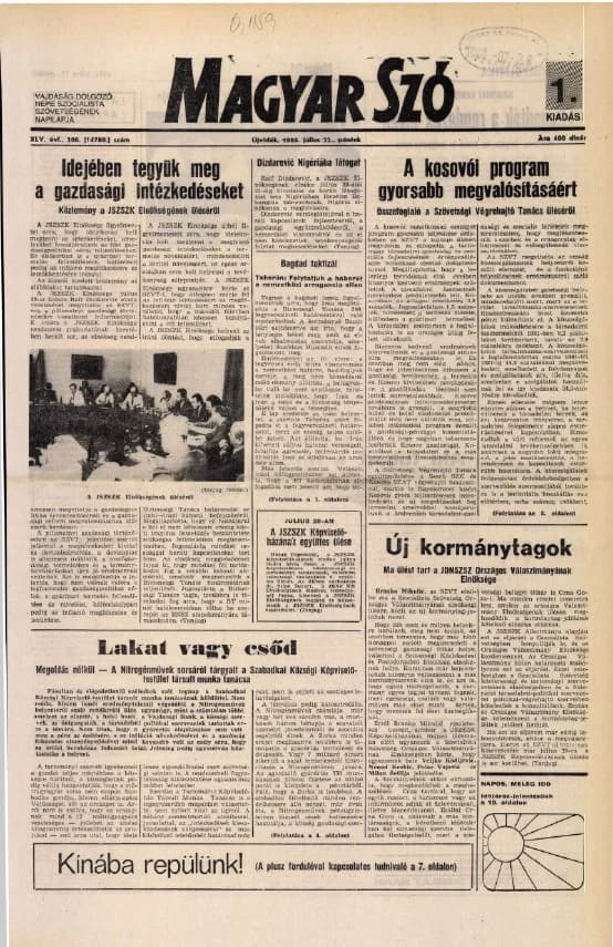 Magyar Szó, 45. évf. 1988. július 22. 200. sz. 1–20. oldal