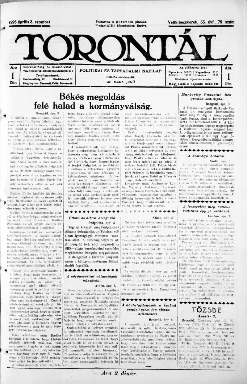 Torontál, 55. évf. 1926. április 3. 78. sz.