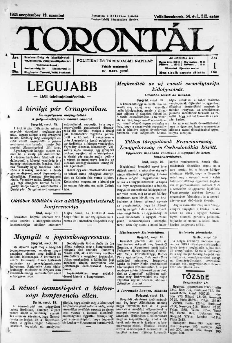 Torontál, 54. évf. 1925. szeptember 19. 212. sz.