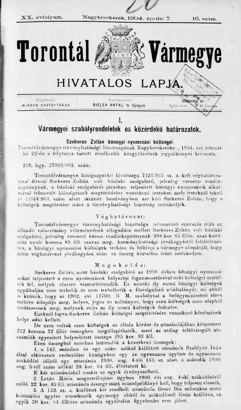 Torontál Vármegye Hivatalos Lapja, 20. évf. 1904. április 7. 16. sz.