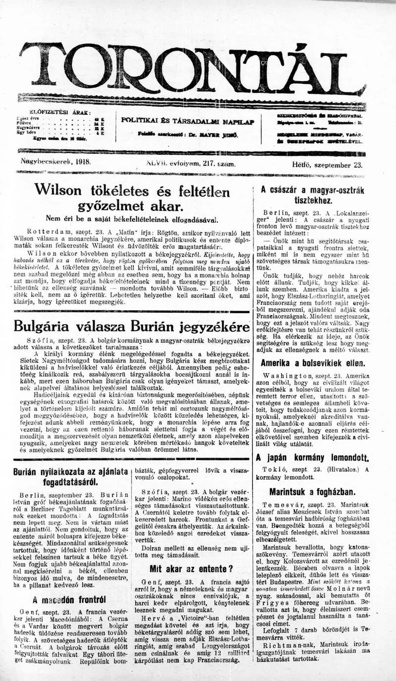 Torontál, 47. évf. 1918. szeptember 23. 217. sz.