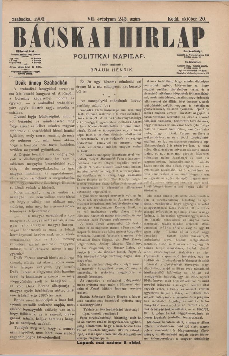 Bácskai Hirlap, 7. évf. 1903. október 20. 242. sz.