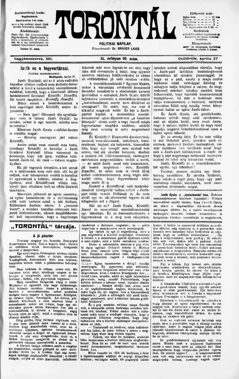 Torontál, 40. évf. 1911. április 27. 96. sz.