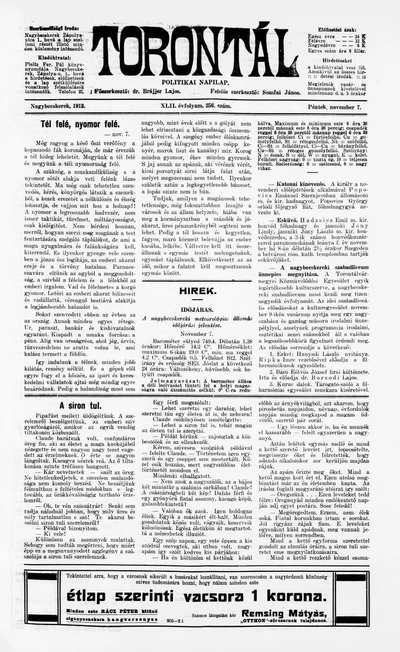Torontál, 42. évf. 1913. november 7. 256. sz.