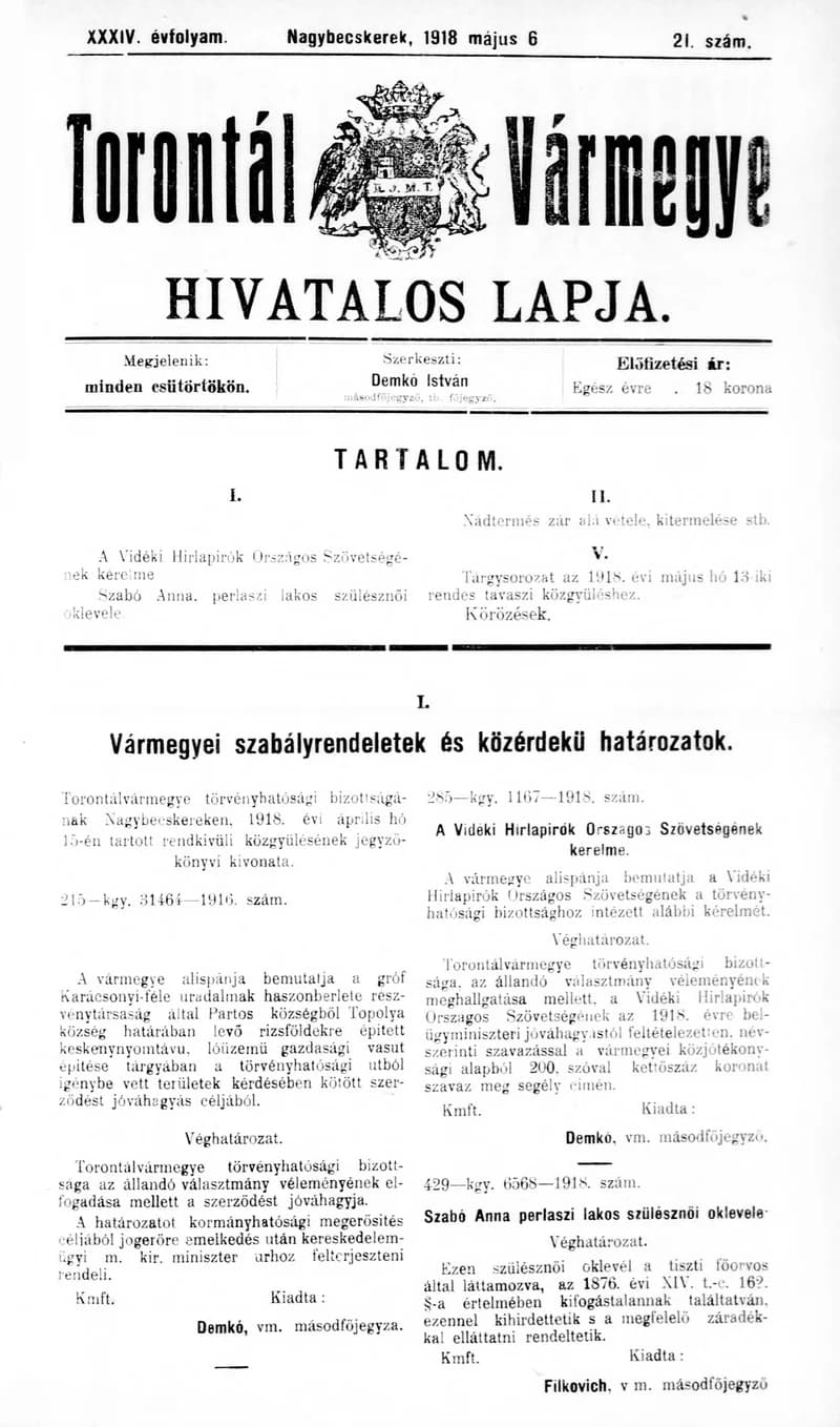 Torontál Vármegye Hivatalos Lapja, 34. évf. 1918. március 6. 21. sz.