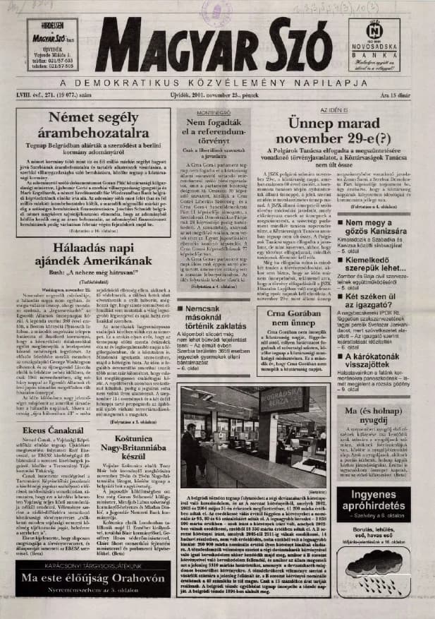 Magyar Szó, 58. évf. 2001. november 23. 271. sz. 1–16. oldal
