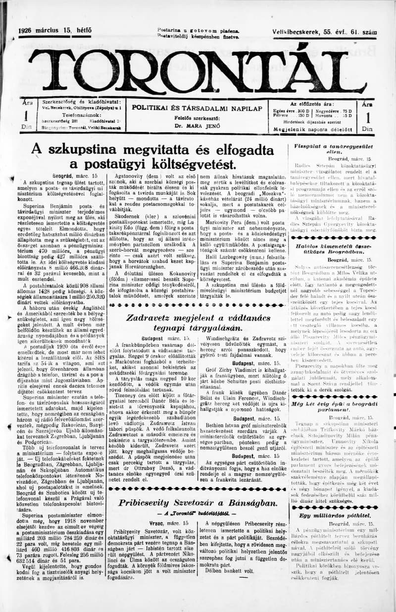 Torontál, 55. évf. 1926. március 15. 61. sz.