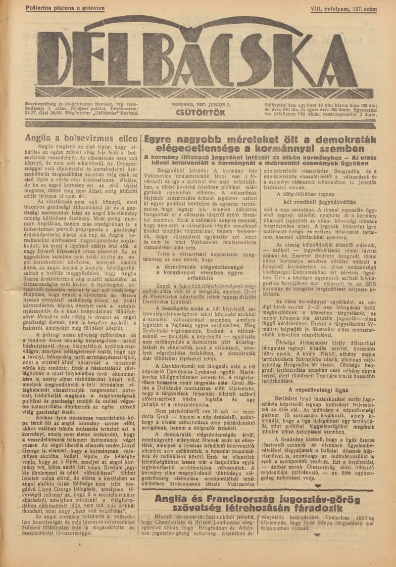 Délbácska, 8. évf. 1927. június 2. 127. sz.