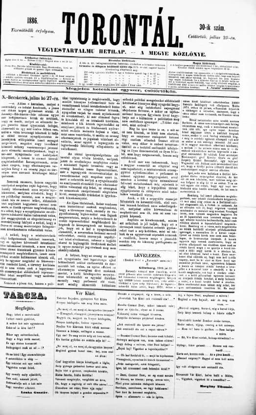 Torontál, 15. évf. 1886. július 29. 30. sz.