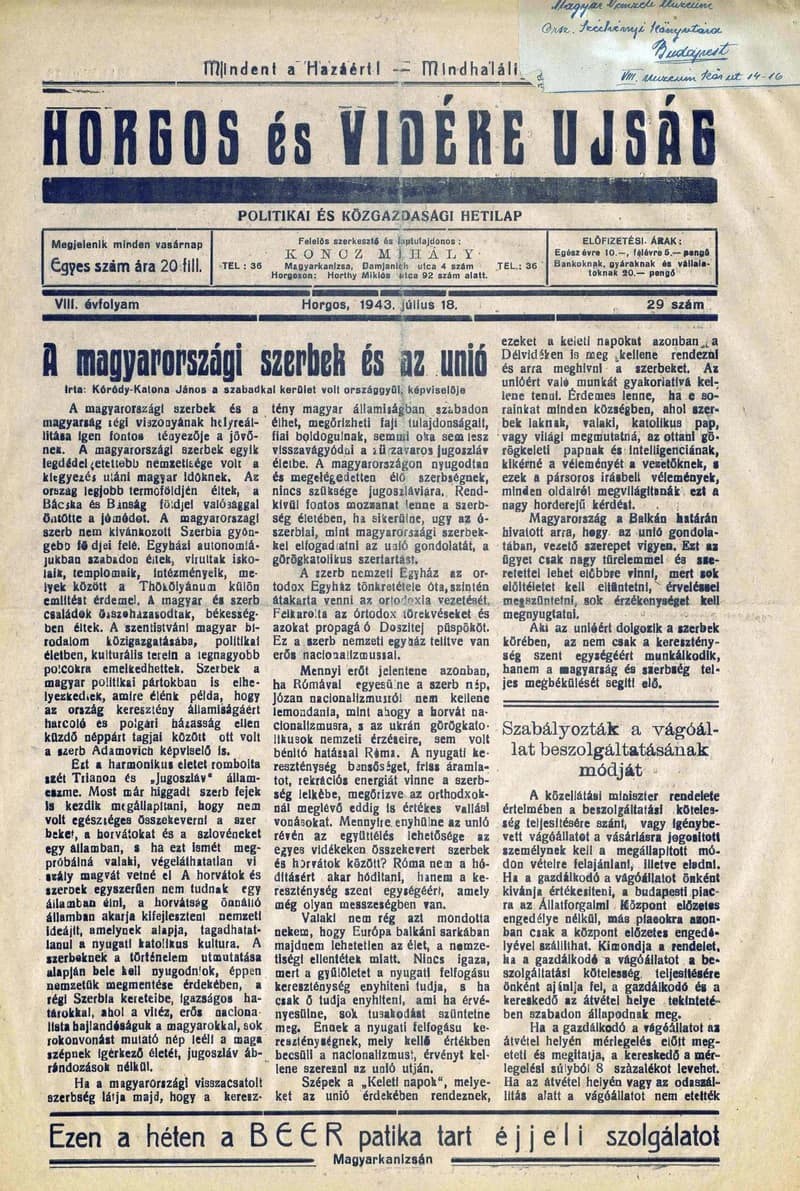 Horgos és vidéke, 8. évf. 1943. július 18. 29. sz.