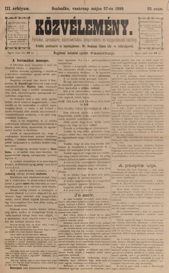 Közvélemény, 3. évf. 1888. május 27. 22. sz.
