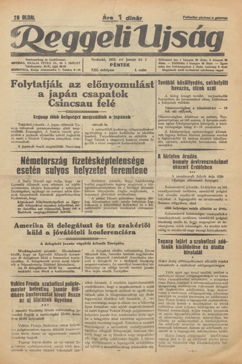 Reggeli Újság, 13. évf. 1932. január 1. 1. sz.