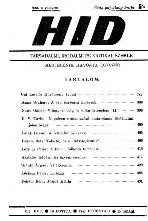 Híd, 7. évf. 1940. december. 15. sz. 385–432. oldal