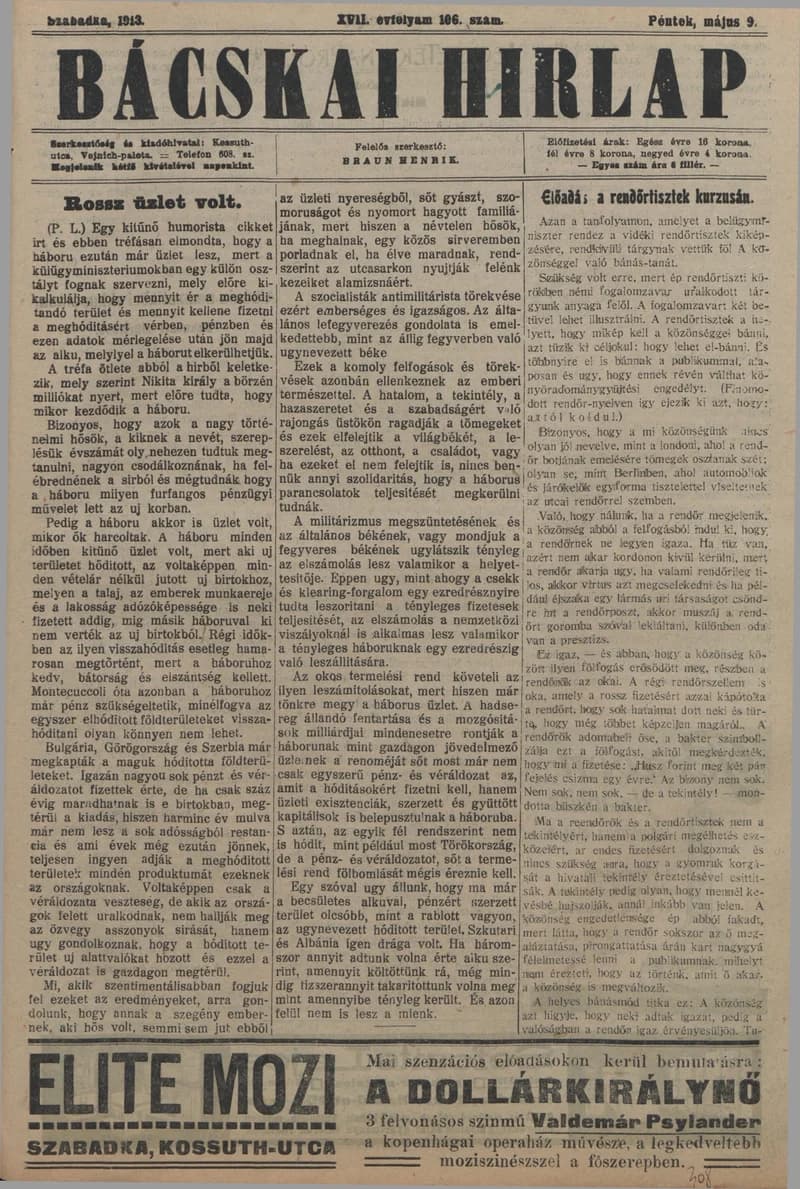 Bácskai Hirlap, 17. évf. 1913. május 9. 106. sz.