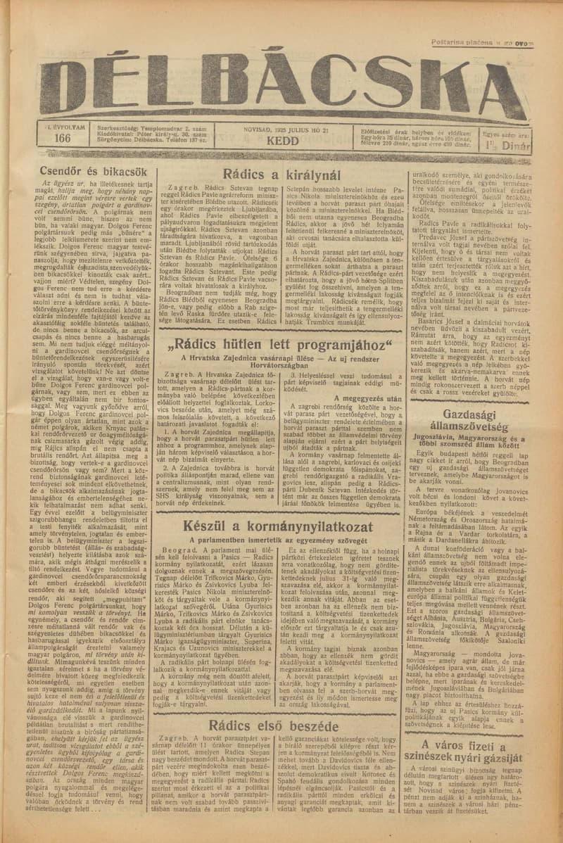 Délbácska, 6. évf. 1925. július 20. 166. sz.
