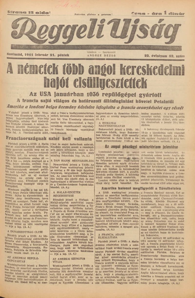 Reggeli Újság, 22. évf. 1941. február 21. 52. sz.
