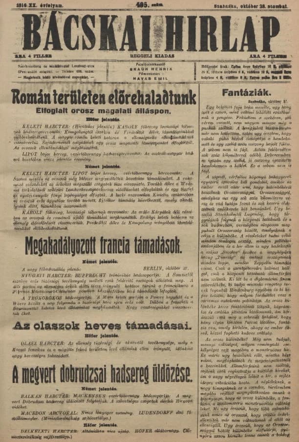 Bácskai Hirlap, 20. évf. 1916. október 28. 495. sz.