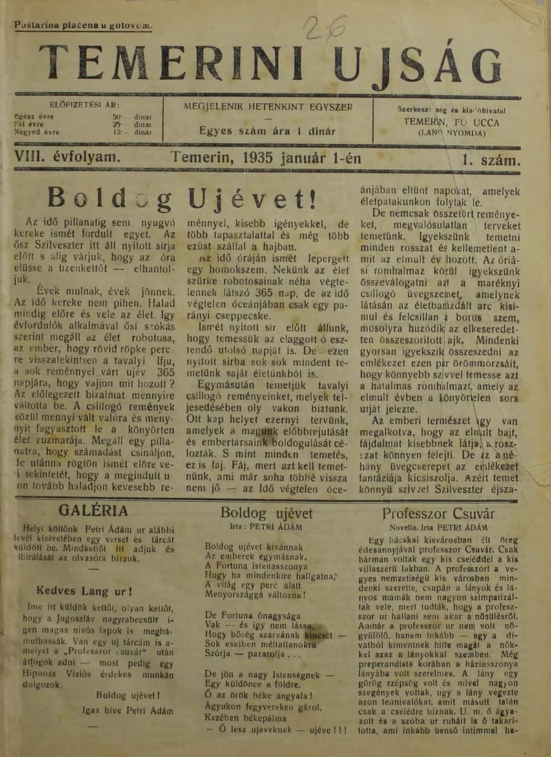 Temerini Újság 1928-1944, 8. évf. 1935. január 1. 1. sz.
